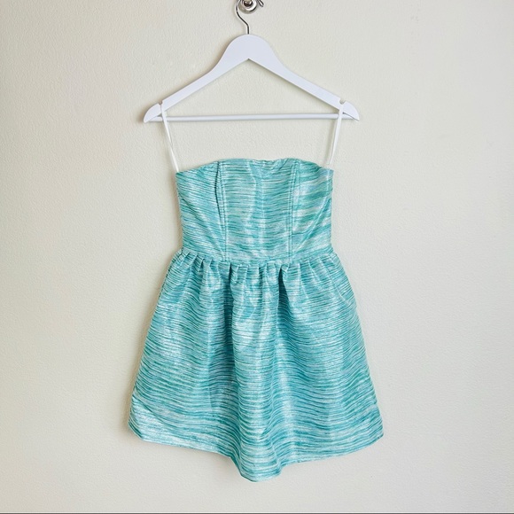 NWT Minuet Blue Teal Sparkle Tinsel Fit & Flare Strapless Mini Dress - Picture 2 of 16